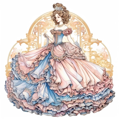 vintage style Detailed light and shadow, 2D outline, A beautifully patterned neo rococo Victorian baroque hyper realistic french court victoria bow-adorned woman in 18th-centrury regal queen white ball gown in varying hues of pale pink, blue and yellow, stunningly beautiful, refined and sophisticated, Hand drawn, cicely mary barker ,realistic watercolor, Clipart, emotionally pleasing watercolor, i can't believe how beatiful this is,accurate detailed line art, white background, intricate detail, 