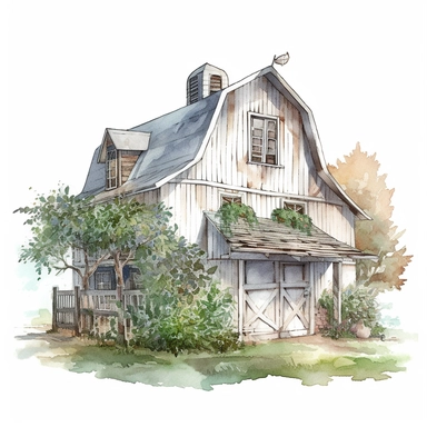 white Gambrel Roofed Barn, painted white, pretty white barn, farmyard with plants trees and farm accessories, detailed watercolor illustration, light color scheme, isolated on white background, white border, clipart