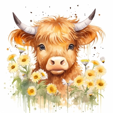cute highland cow daisies around, light watercolor, watercolor splash, few details, Studio Ghibli, clipart, white background