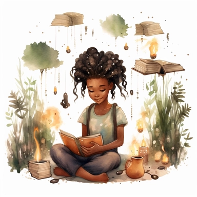 Watercolour Black Girl Reading Clipart, braids, forest library, surronded by fireflies, reading in a fort, Girl Studying Clipart, Book Lover , Student Clipart, Reading Png,Bookworm, hd, white background, spaced out, pastel colors, cartoon realism details--ar 3:2