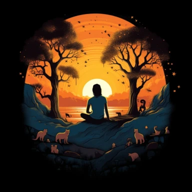 t shirt design of girl meditating on a hill while the sunset with trees around her and animals, Clipart