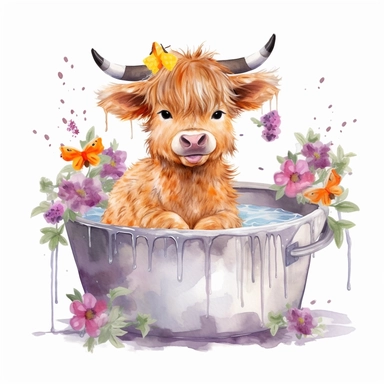 watercolor clipart adorable cute highland cattle baby calf sitting wet in a tub filled with water and flowers and birds around it, happy, smiling, sunny and warm day, hand drawn style, white background , wall art