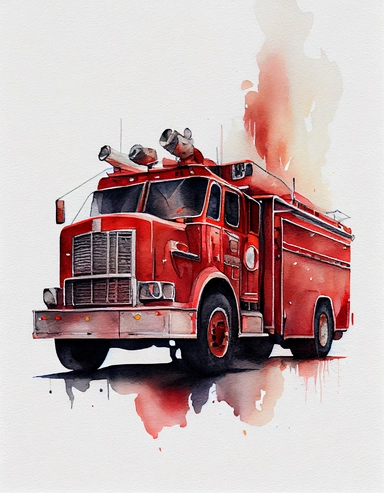 detailed watercolor firetruck shot from the side, long shot, isolated on a white background, realistic, clipart