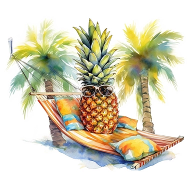 A watercolor clipart of a pineapple wearing sunglasses and a Hawaiian shirt, lounging on a hammock between two palm trees