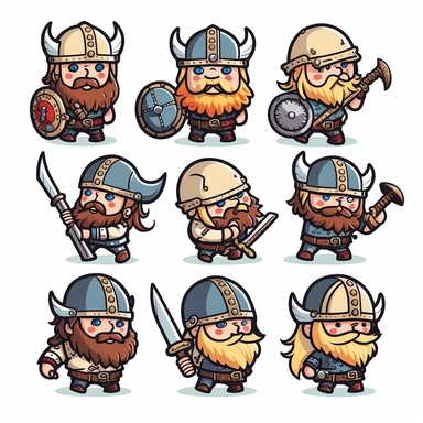 10 cute Viking soldier army stickers collection, clipart design, cartoon, 4k, white background