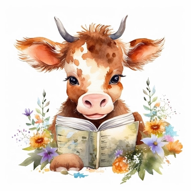 beautiful Baby Cow reading book clipart, clipart watercolor, 8k