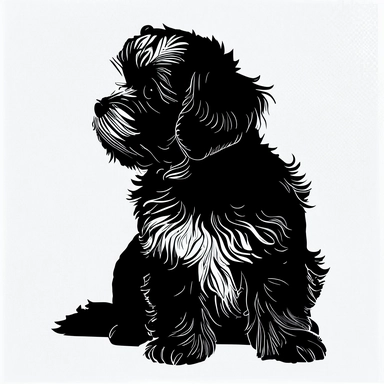 Havanese puppy, side view, black silhouette, portrait, simple outline, vector, logo design, clipart, isolated, no background, .75 gutter