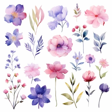 watercolor flower elements, clipart, Pink colors light and pastel, with Focus on pinks, blues and purples, flower petals, leaf elements, blossom elements, white background, 8k, high resolution