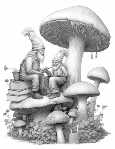 light gray and bubbles, two humanoid reading gnomes on a huge mushroom, highly detailed clipart, hdr, 32K, photo expert quality, greatest for coloring realistic, hyperrealistic and highly detailed, coloring book pages, isolated on a white background