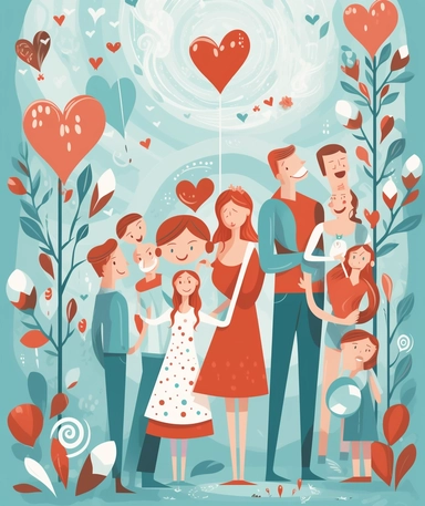happy family cartoon clipart illustration, in the style of hand-drawn elements, light teal and light red, romantic emotion, playful experimentation, love and romance, strip painting, multiple patterns