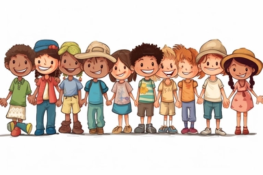 a group of difference nation children standing around in various ways, in the style of medium blue colors, cartooncore, wimmelbilder, free-associative, clipart white background, folk/naïve:, ps1 graphic 16k