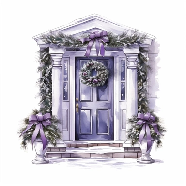 vector watercolor cute silver and dark purple Christmas porch clipart on white background, winter, dark purple and silver holiday Christmas porch, photorealistic, ultrarealistic, no background, on white