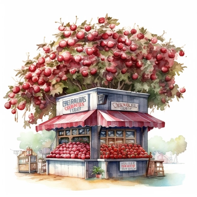 create a gorgeous high detail high quality watercolor clipart illustration of an old fashion fruit stand style store next to a large beautiful cherry tree, white background, no font, no text, NO WATERMARK