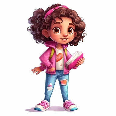 4 year old cartoon Pretty girl, cute cartoon white skinnned girl with medium lenght curly hair with a pink bow and brown eyes, wearing fuchsia t-shirt, pink coat, blue jeans and pink sneakers, smiling with her arms crossed. Pixar childrens book cartoon style, detailed, modern, urban, watercolor, full color, flat color, white background, children book illustration. Watercolor clipart. Pixar animation
