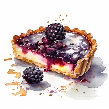 watercolor clipart of a decadent blackberry and coconut custard tart, contoured with a white background