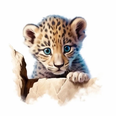 cute leopard cub, peeking out from behind a rock, eyes gleaming with curiosity, bold colors, clipart, on a white background
