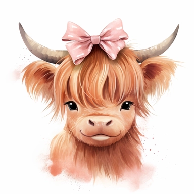 cute watercolor illustration baby girl highland cow wearing pretty hair bow clipart on white background