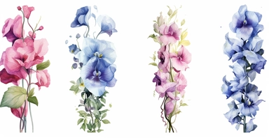 Watercolor realistic Hollyhock, iris, morning glory orchid and peony floral cliparts with white background