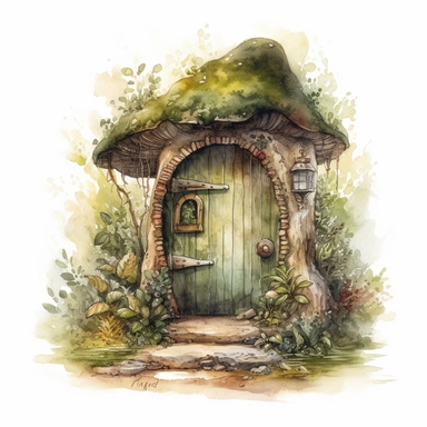 high level watercolor, hyper realistic, white background with margins, 8k, ultra detailed clipart, A charming, woodland creature's burrow, with a tiny, moss-covered door and a welcoming glow from within, fairy, dark green