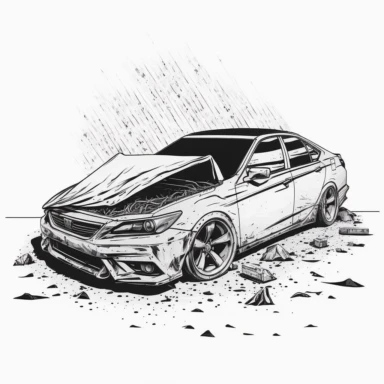 wrecked honda accord with crumpled hood, adobe illustrator, illustration, black and white line art, dynamic composition, forced perspective, clipart, blank background