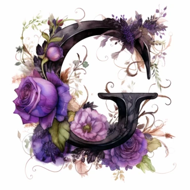 ultra beautiful Victorian vintage black alphabet letter G, decorated with goth black and purple roses, water colour illustration, clipart, white background