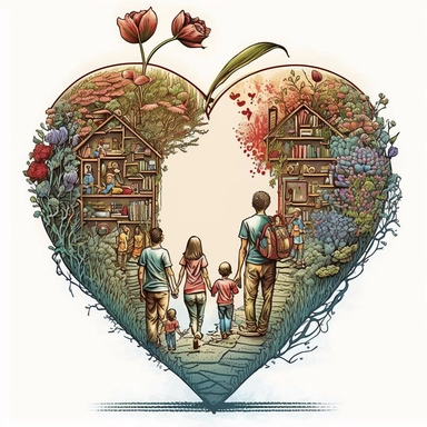 (perfect body figure) of a cute loving American family of 4, hiking in a magical BOOK STORE (a perfect close-up single-point-perspective view from the back) with its own habitats (flowers and plants) made into a natural-heart-shape, vintage in watercolor style clipart, use darker tones, higher saturation colors, Banksy artstyle with minimal effects, super creative watercolor, white background