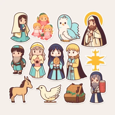 vector sticker design, anime style Christmas nativity clipart, white background, flat colors
