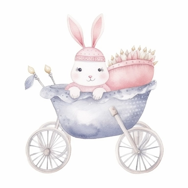 watercolor clipart, adorable knitted kawaii royal baby bunny on royal buggy, baby nursery, 8k, hd, isolated on a white background