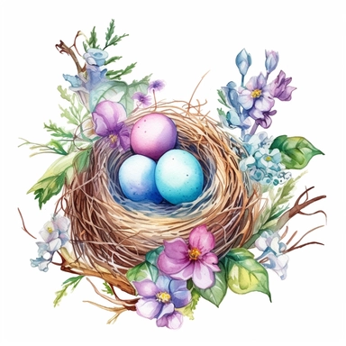 Highly detailed watercolor clipart, floral Bird Nests springtime cute birds and blossoms, bird eggs in bird's nest., fantasy, highly detailed, fantasy cartoon illustration, greenery, alcohol ink, Watercolor, UHD, 8K, 3D
