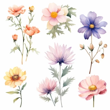 Stunning CLIPART watercolor artworks of flowers and plants, delicate flowers and plants with FEW details, light and minimalistic style, focus on the delicate beauty of each individual flower or plant painted with a loose watercolor technique, prominent watercolor style, emphasize the delicate and intricate watercolor technique, Light airy hues and pastel tones, softness of the flowers and plants, keep the overall design minimalistic, highlight the unique features of each flower or plant WITHOUT 