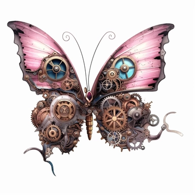 a close up of a butterfly butterfly on a white background, steampunk concept art, artificial intelligence machine, fairy, gears, lacking in three-dimensionality, pink and blue colour, an ai generated image, broken machinery, buggy, merged, mechanic, ios icon PNG steampunk fantasy watecolor style white background Clipart