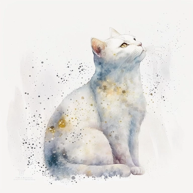 A white cat, glitter around, white, gold, glitter, fantasy, realistic illustration, watercolor, by Dinara Mirtalipova, by Disney, bright and airy Colors, concept art, white background, clipart