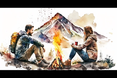 watercolor and pencil, camping, happy couple is sitting on opposite side of the camp fire and looking at each other, beautiful mountain behind, white background, isolated clipart, vibrant colors