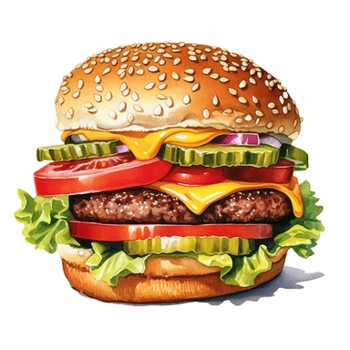 a watercolor, hyper-realistic clipart image with a white background and white margins, showcasing a classic cheeseburger with a juicy beef patty, melted cheese, lettuce, tomatoes, and pickles. The ultra-detailed, hand-drawn elements capture the textures and colors of the burger ingredients. Use bold shades of brown, green, and red to evoke the mouthwatering and indulgent nature of this fast food staple