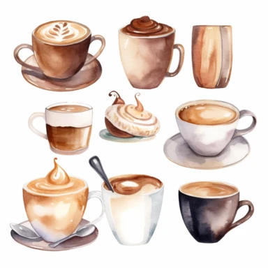 Clipart de bebida de café de acuarela. Ilustraciones de taza de café. Logotipo de café con el logotipo de café clip art imprimible. Cafetería clipart de bebidas capuchino