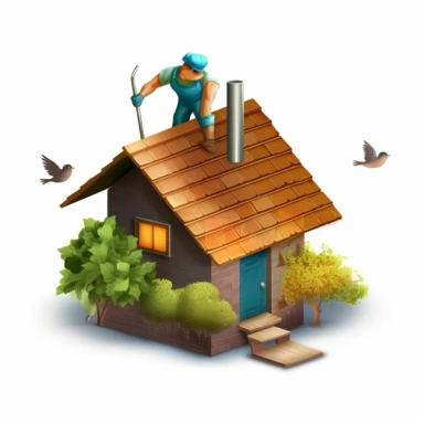 icon clipart diagram of a house with trees, flowers and a roofer working . Png with transparent background. For flyer design