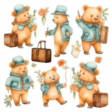 traveling bears clipart set, in the style of light orange and dark aquamarine, whimsical floral scenes, realistic watercolor paintings, plush doll art, transparent layers, textured shading, pastel tones, vector, illustration, on white background
