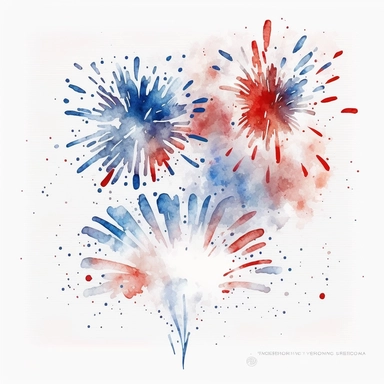red white and blue fireworks, watercolor, clip art, white background