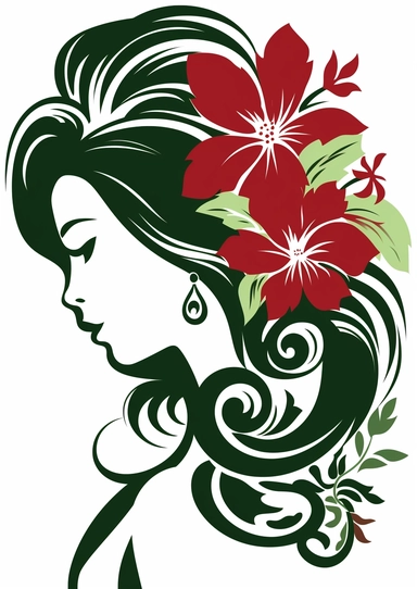 hawaiian woman with hibiscus flower clipart on white background, in the style of dark red and dark green, sterling silver highlights, eye-catching, salon kei, flowing lines, batik, stencils
