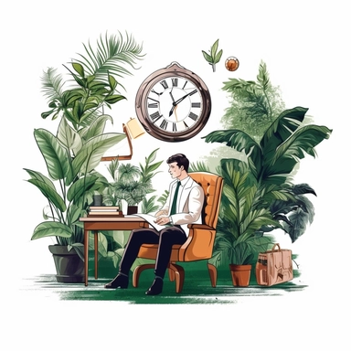 clipart，A person sitting on a chair at work, with a clock on the wall and a computer on the seat, surrounded by green plants, white background, clear color scheme, rich details, 8K