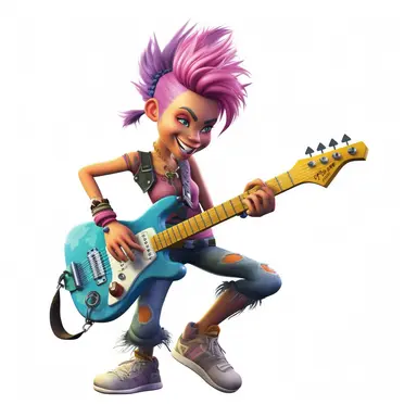 a cartoon fairy punk rockstar, playing electric guitar, some tattoes, dancing, smiling, full body image, pixar style, clipart