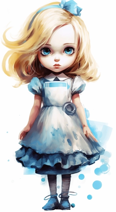 cartoon images vector free cliparts, cute alice little baby girl,digital watercolor, illustration pixar style, dark turquoise and light white, detailed costumes, blink-and-you-miss-it detail, aurorapunk, white background, light brown and light blue