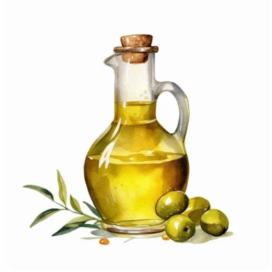 watercolor olive oil in a vintage glass bottle, clipart, 2d game art, illustration, highly detailed full body isoleted white background, naturecore