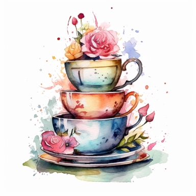 a Cute little a tea set, alice in wonderland inspired mad hatter tea party , Watercolor Clipart,white background Clipart ,single design, single object, watercolor illustration by Lizzie Mackay ,print on demand image, PNG transparent background, white background for removing background