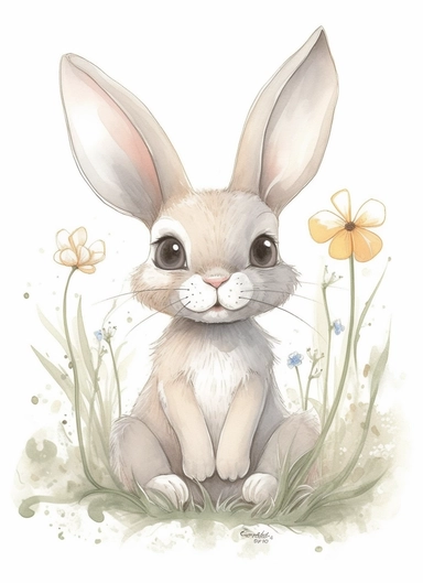 a super cute and frendly looking spring bunny, in the style of magali villeneuve, jon j muth, carl larsson,,smiling, with big eyes, dreamy world, closest to watercolor illustrations, soft color palette with ligh beige and gray, children's illustrations, solid white background, clipart