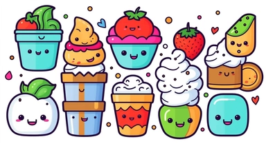 Clipart cartoon ( assorted desserts) outline ,, kawaii style ,on white background