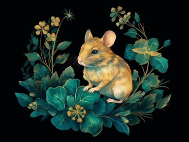 deep emerald gold watercolor Pika with flowers plants clipart, golden metallic lines and some glitter, shining colors, dark background, 8k, high resolution