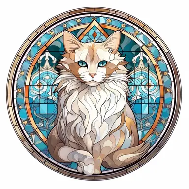 Vintage Cute Beautiful Round Stained Glass Cat Sublimation Clipart, Cartoon, hyper realistic, intricate detail, illustration style, high solution, on the white background
