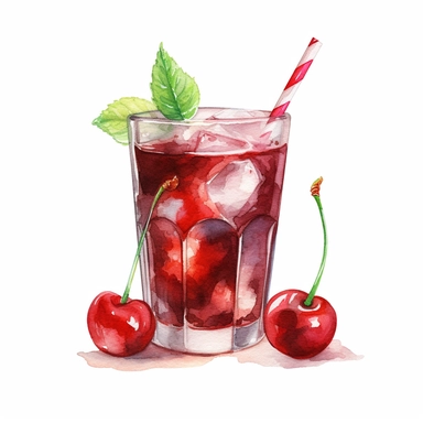 cherry garnishing a glass of coke watercolor clipart on white background, sharp