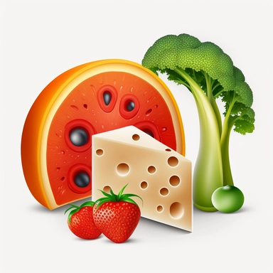 Clipart, Cartoon, milk, bread, tomato, banana, orange, one slice of watermelon, broccoli, white background